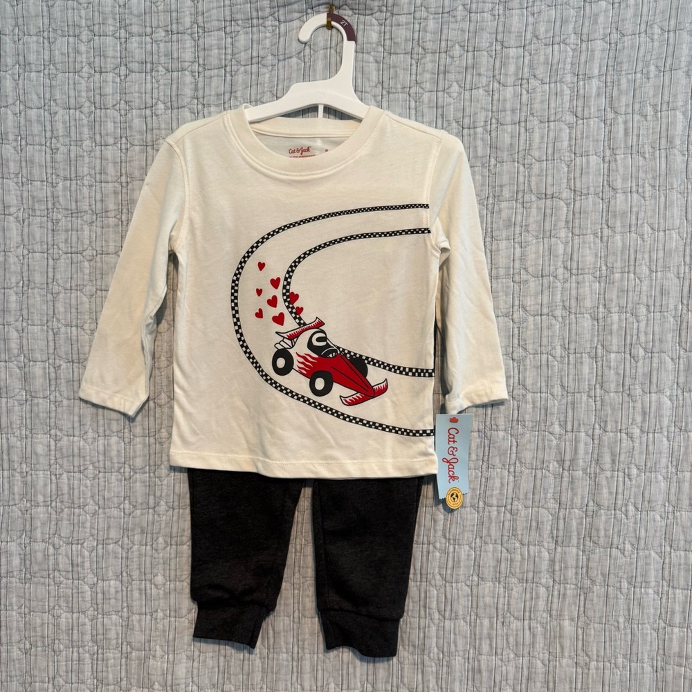Cat & Jack Cream and Black Racing Car Long Sleeve Tee
